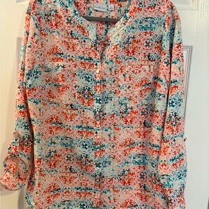 Kim Rogers Coral & Teal Patterned Button-Down Blouse
